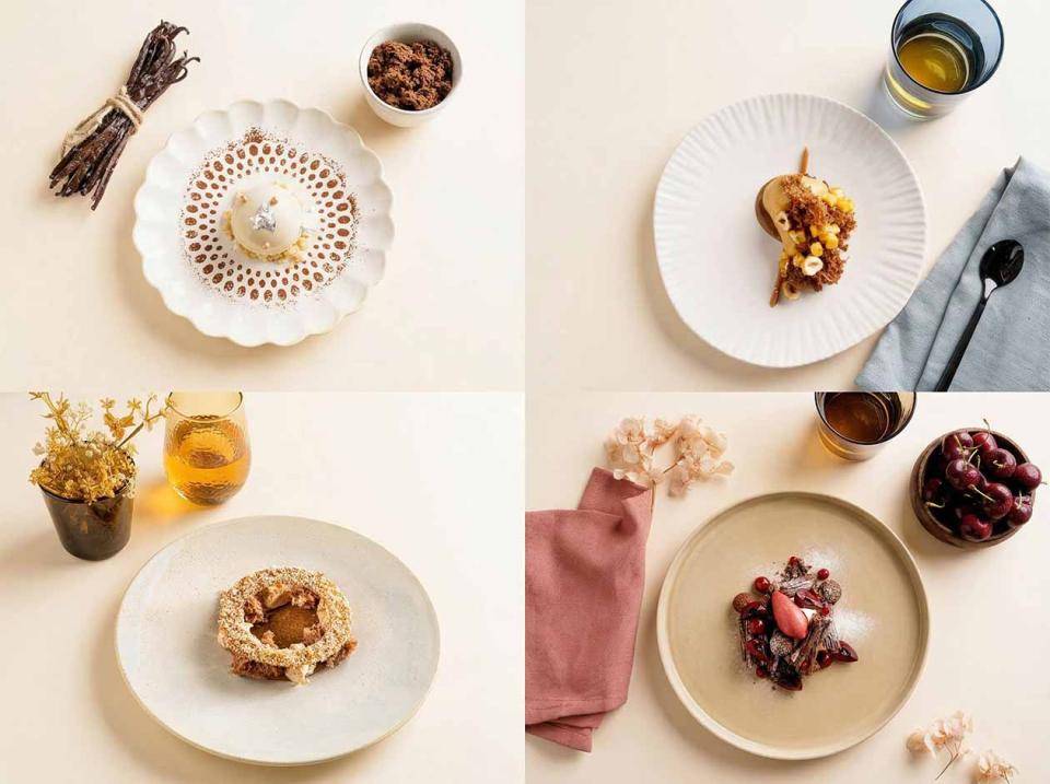 postres de chocolate, fruta y frutos secos