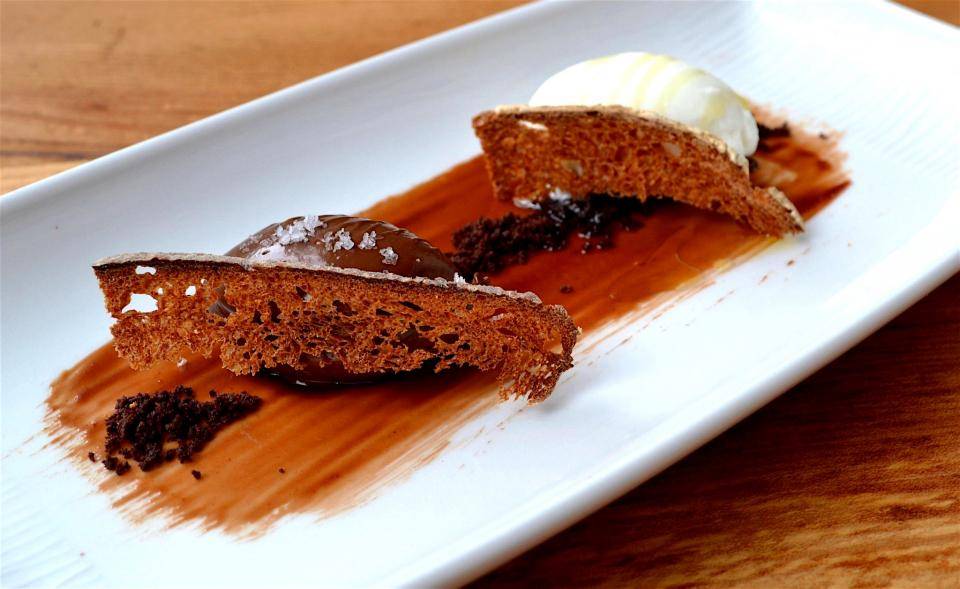 dark chocolate cremeux, vanilla salt, olive oil ice cream and sourdough toast